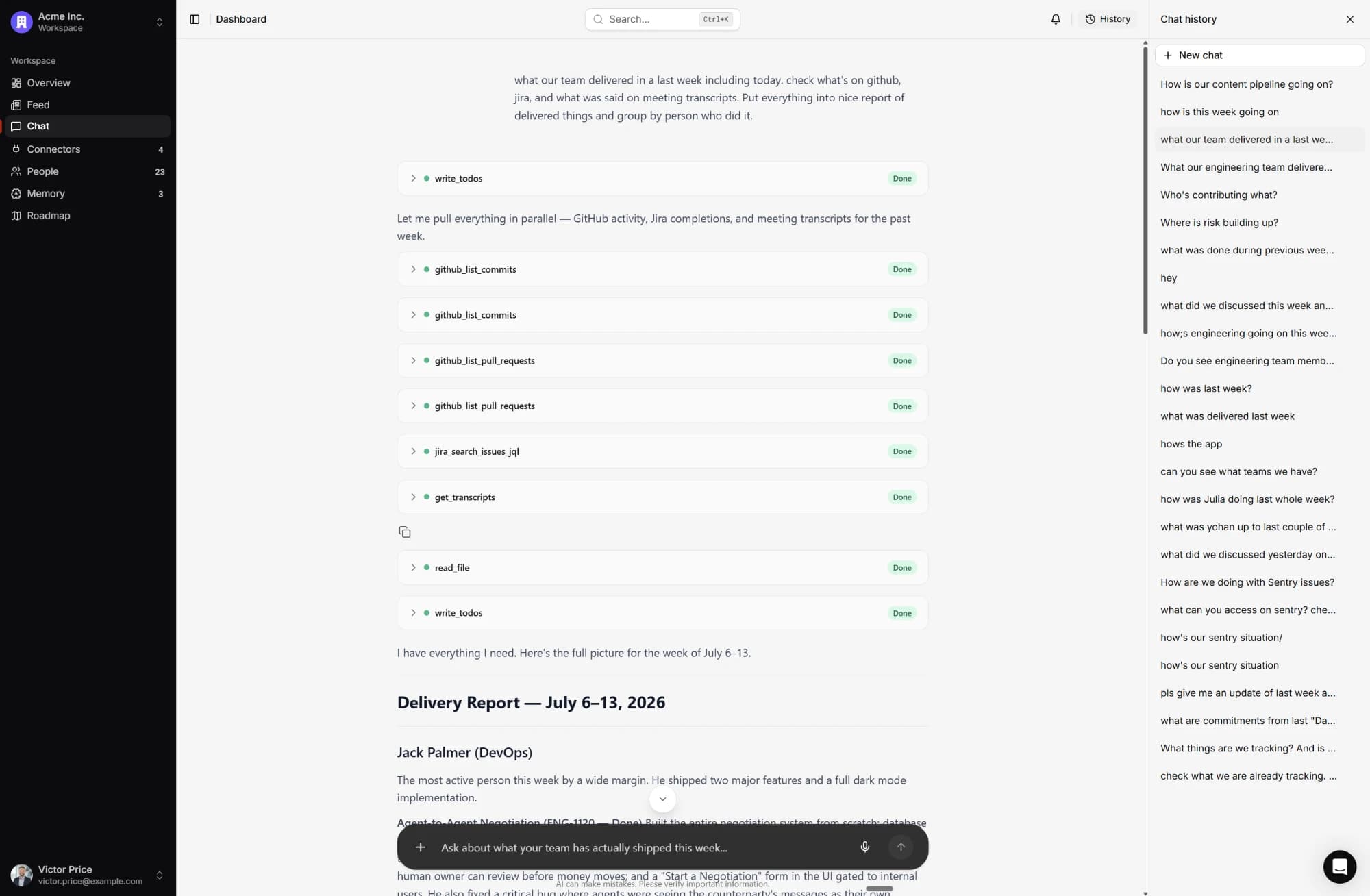 A founder asks what the team delivered last week and gets a delivery report grouped by person
