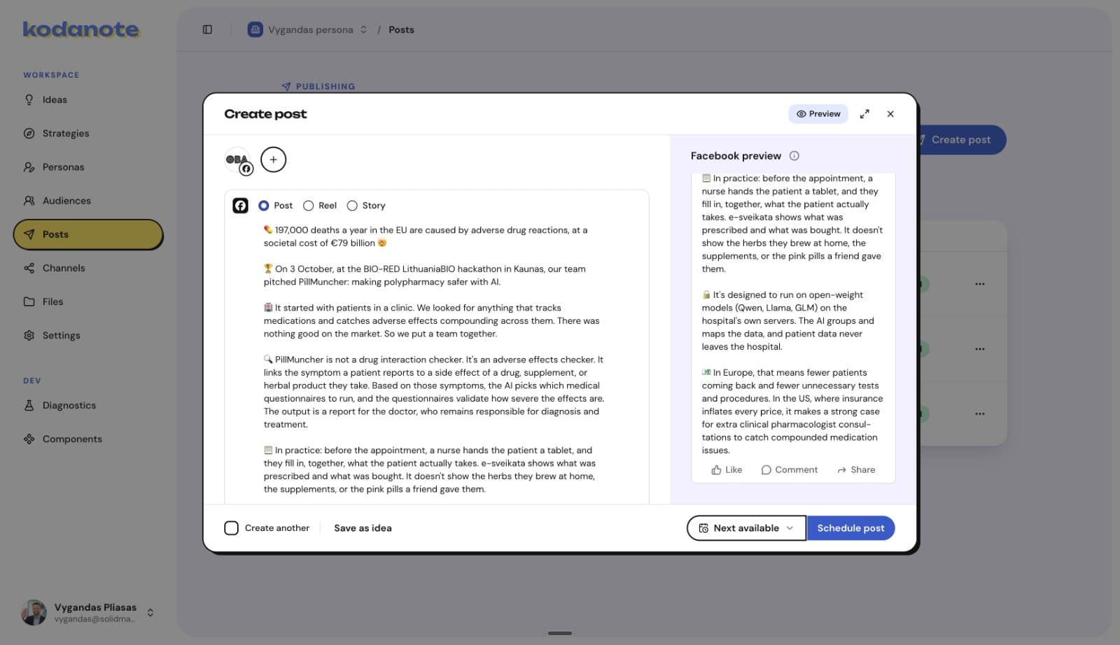 Kodanote create-post screen with a Facebook draft and live preview